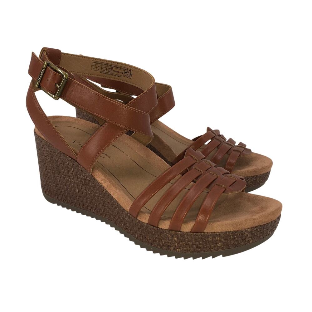 Vionic Clarisa Leather Strappy Cork Wedge Sandals Cognac Brown Boho Casual Sz 8